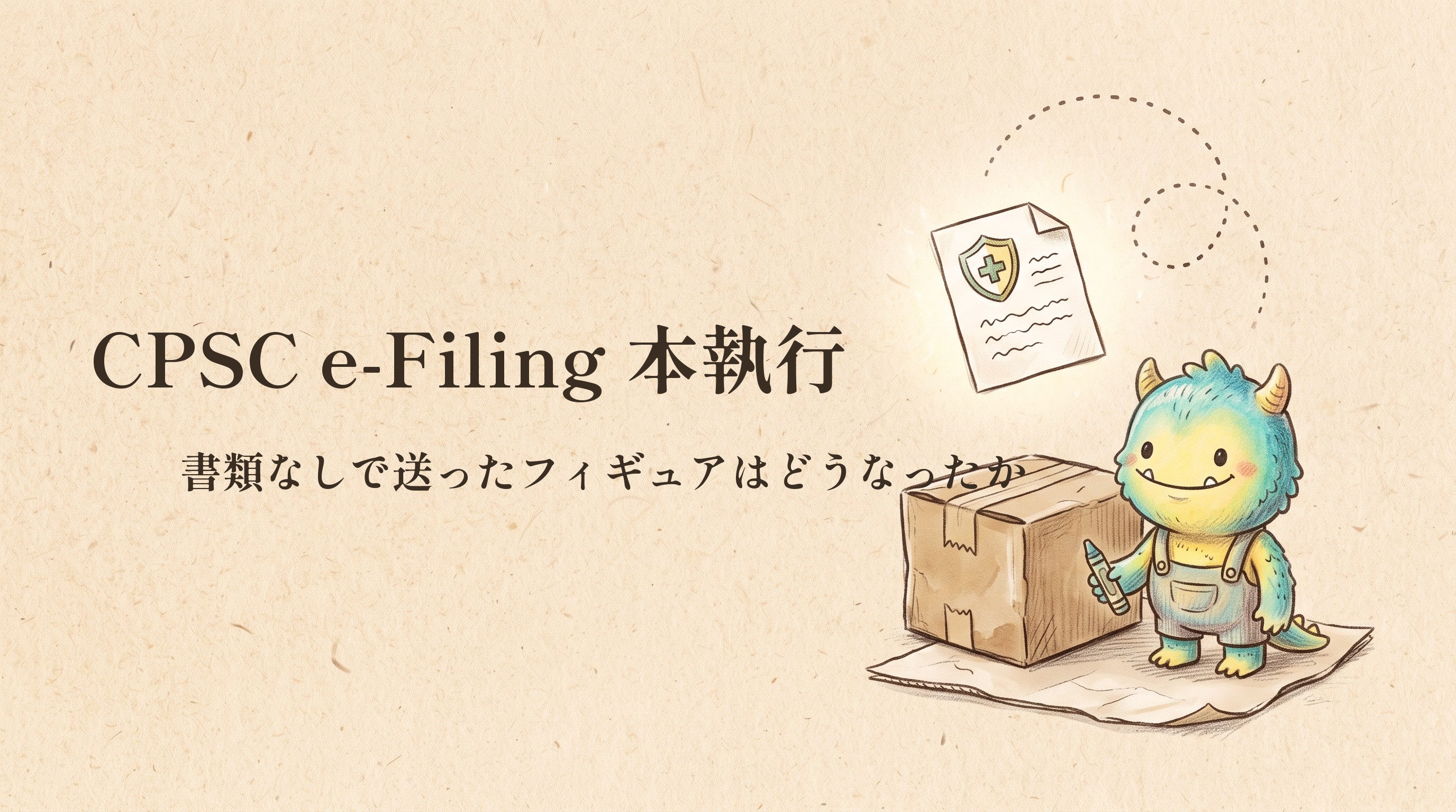 クラフト紙にソフビフィギュアと安全書類、CPSC e-Filing本執行の題字入りアイキャッチ