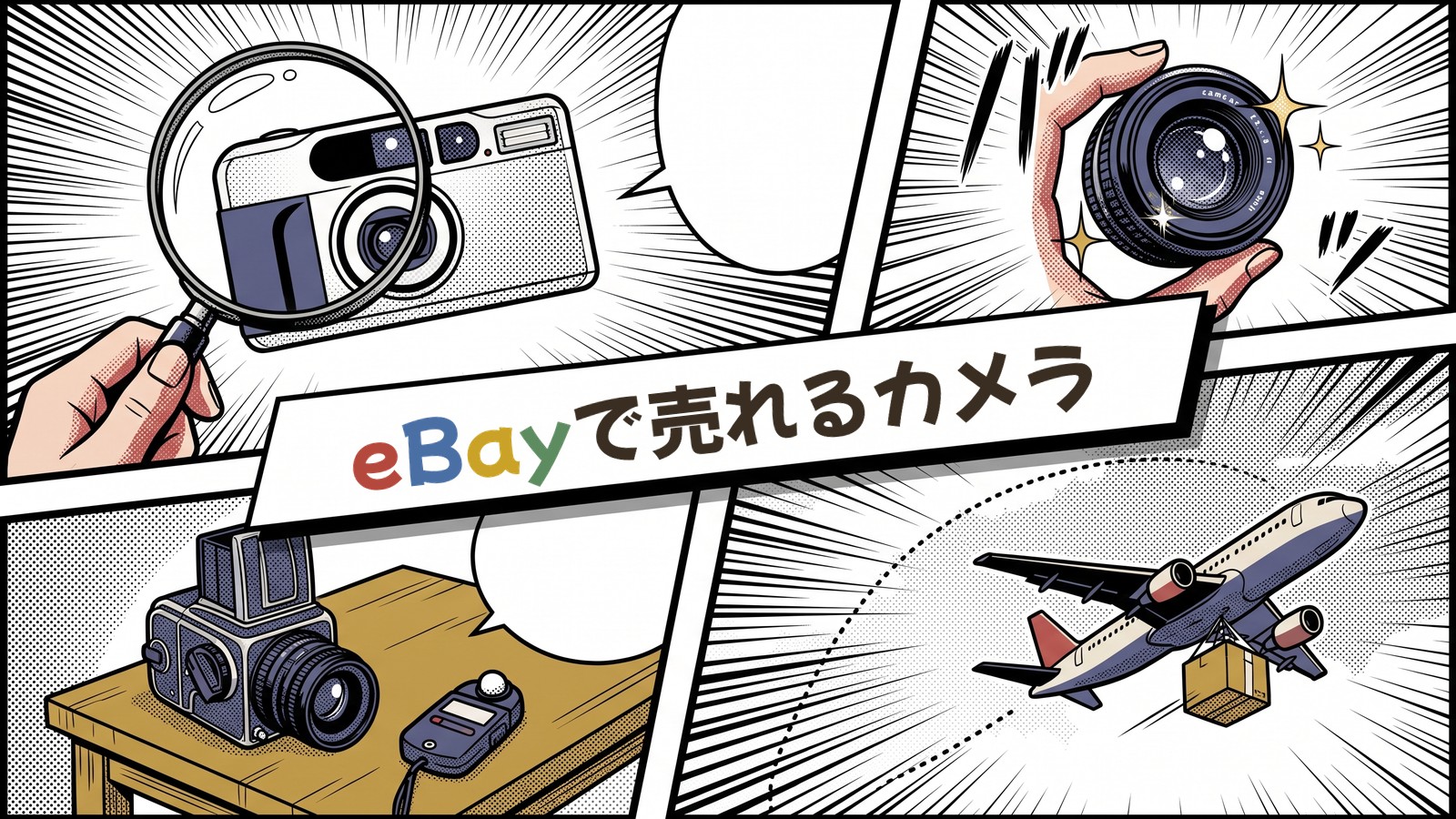 虫眼鏡で鑑定されるフィルムカメラやオールドレンズが描かれた漫画コマ割りと、eBayで売れるカメラの題字入りアイキャッチ