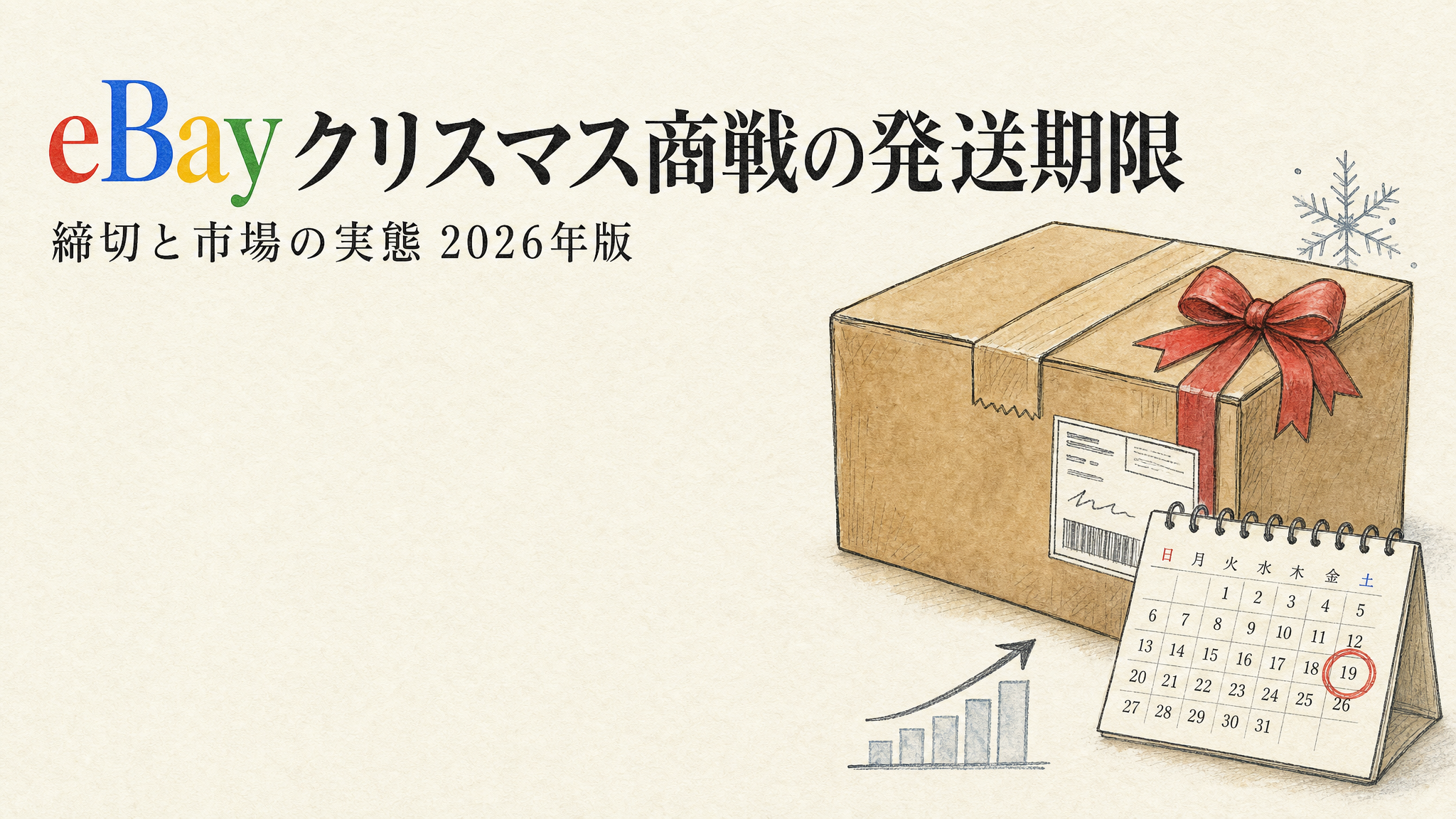 クリーム色の背景に、赤いリボンの発送用ギフトボックスと日付を丸で囲んだ日めくりカレンダー、小さな雪の結晶と右肩上がりのグラフアイコン、「eBayクリスマス商戦の発送期限」の題字入りアイキャッチ