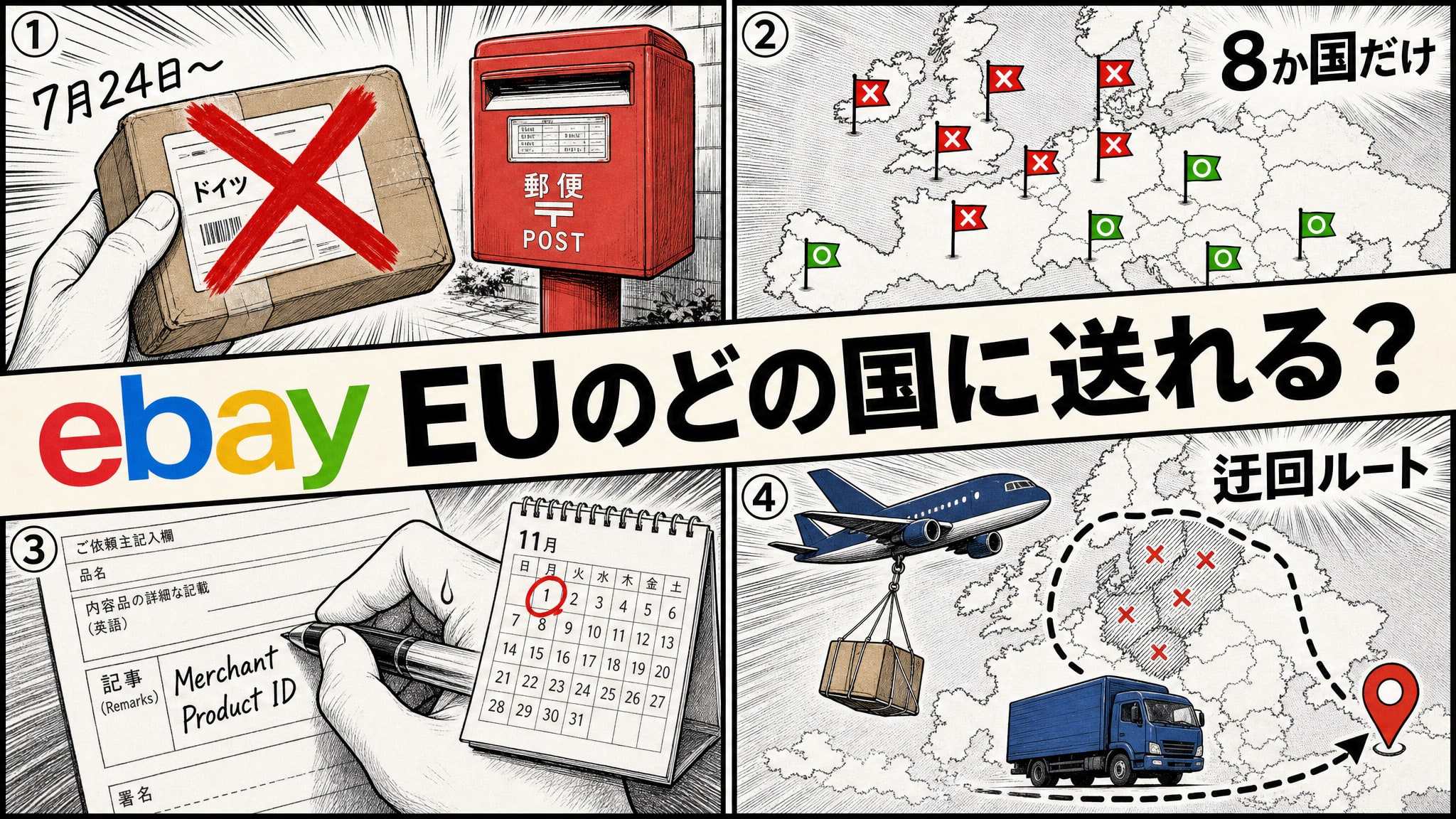 EU地図の一部に×印が付いた郵便物と、送れる国・送れない国を仕分ける漫画コマ割りの、EUのどの国に今送れるか題字入りアイキャッチ