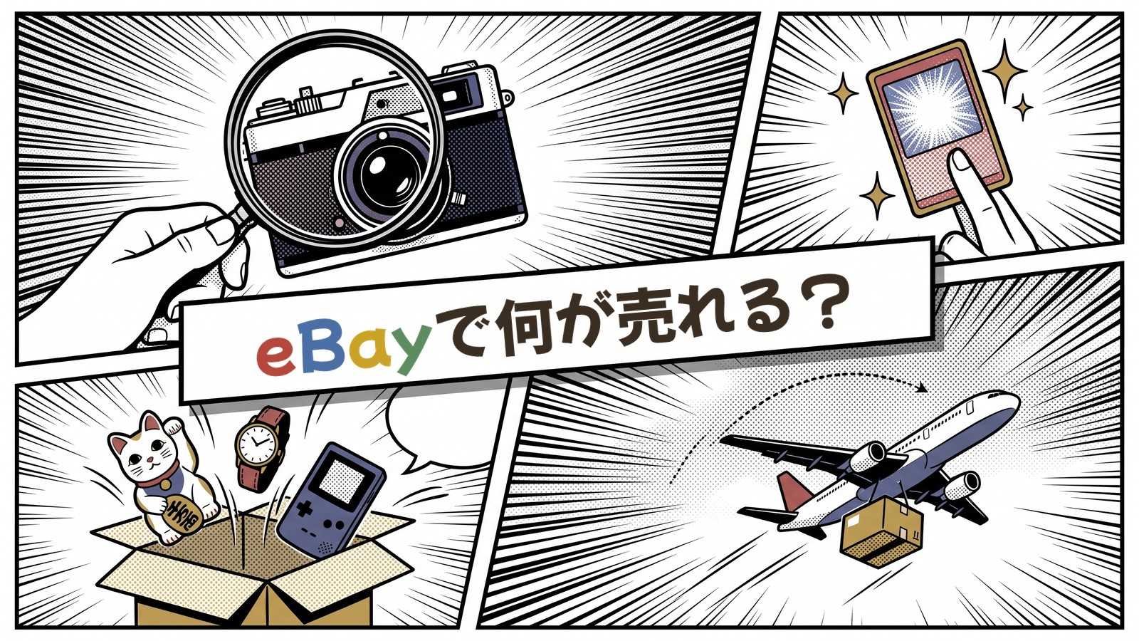 段ボール箱からカメラ・トレカ・時計・ゲーム機・万年筆・招き猫が飛び出す漫画調イラストと、eBay輸出で何が売れる？の筆文字入りアイキャッチ