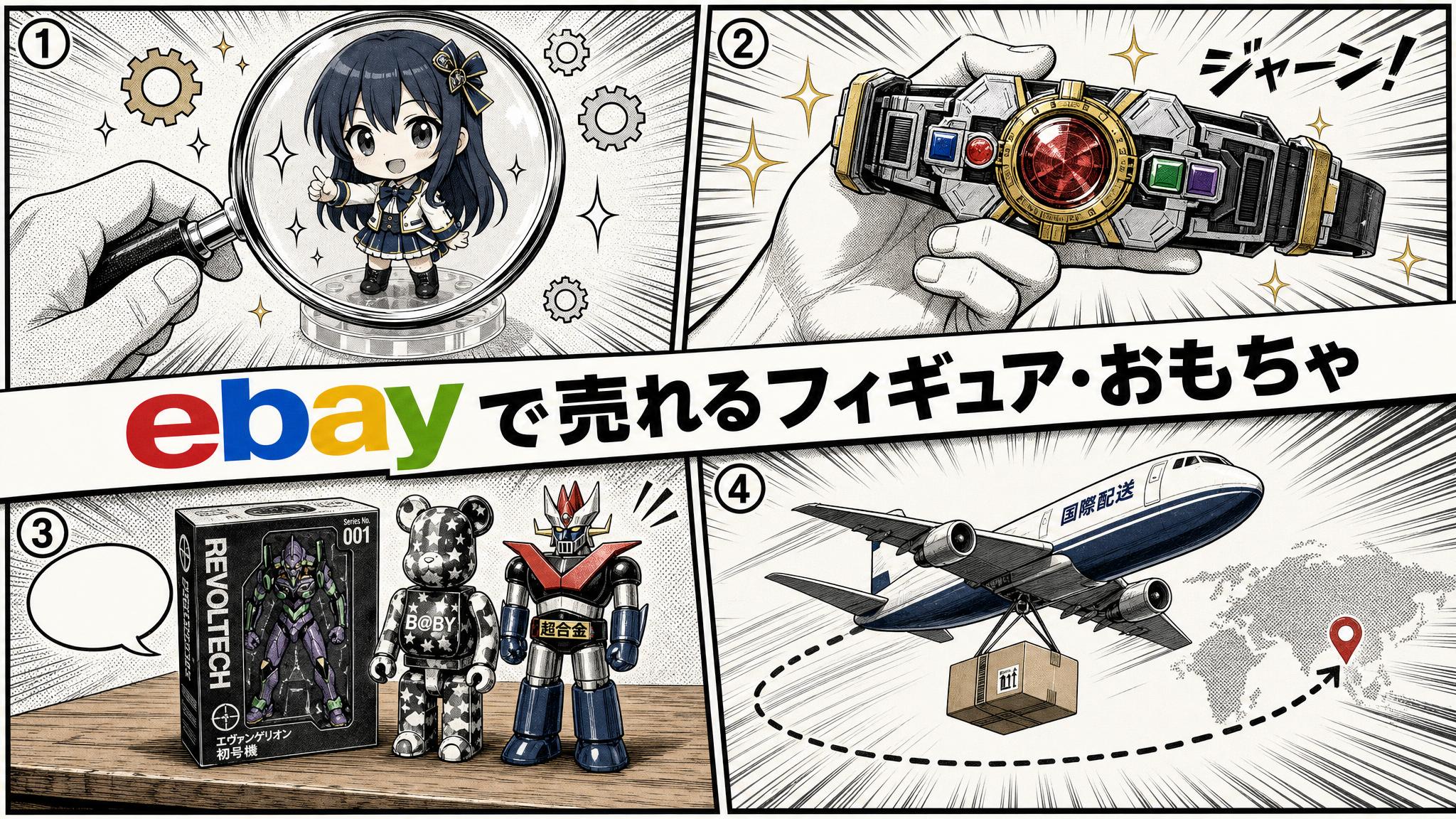 フィギュアと特撮変身玩具が並ぶ棚を虫眼鏡で調べる漫画コマ割りと、eBayで売れるフィギュア・おもちゃの題字入りアイキャッチ