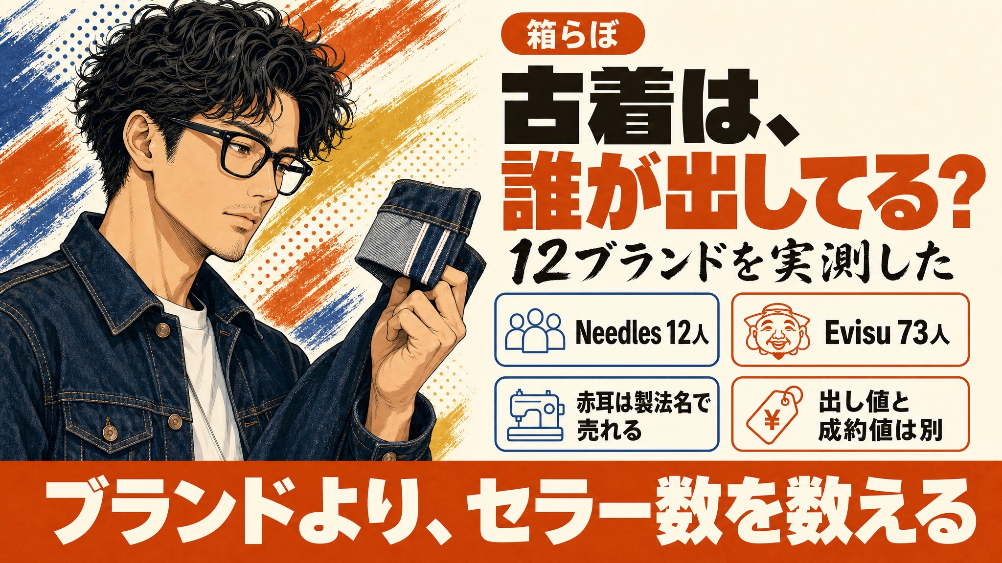 デニムジャケットの男性が裾を折り返したジーンズの赤耳を確かめている絵と、「古着は、誰が出してる？ 12ブランドを実測した」の題字入りアイキャッチ