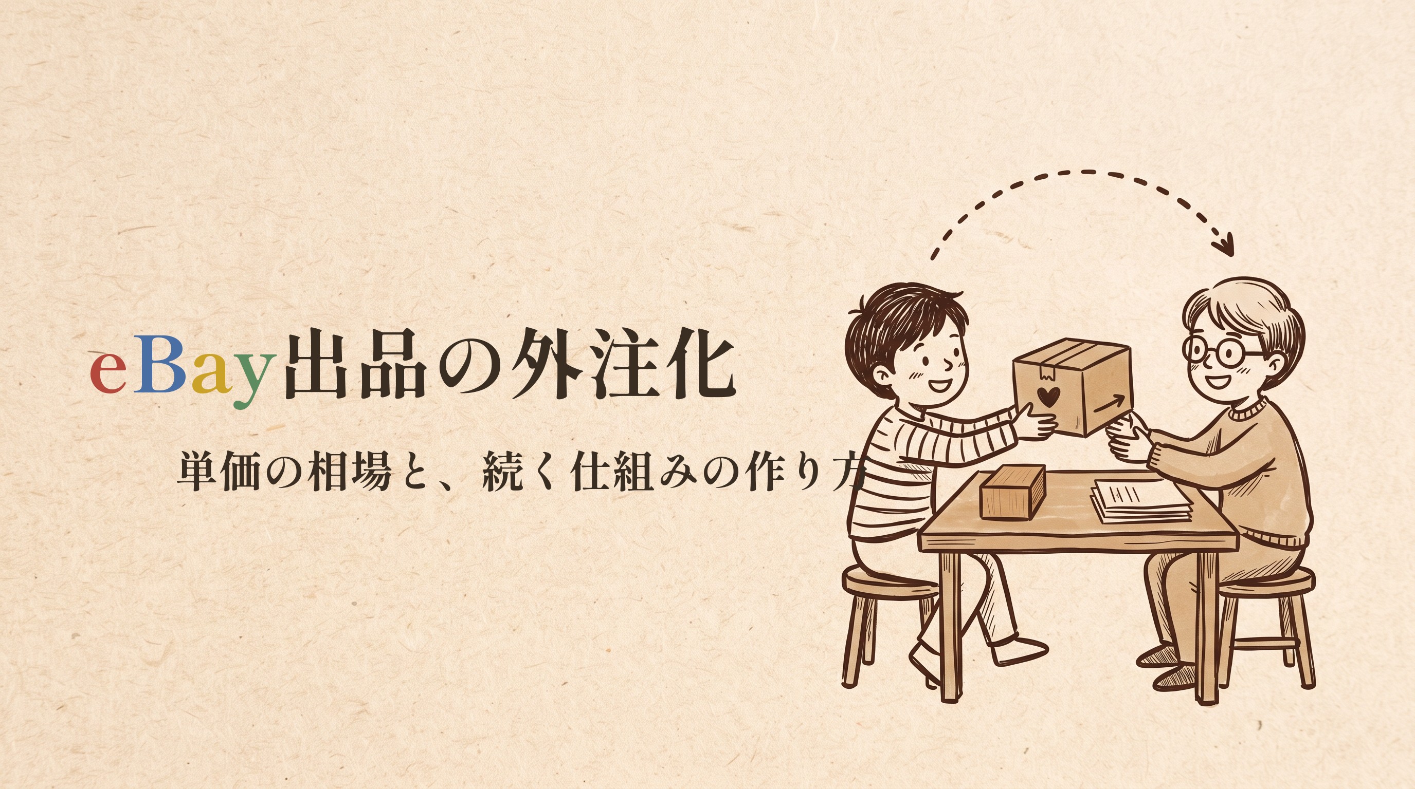 箱を手渡す2人、eBay出品の外注化の題字入りアイキャッチ