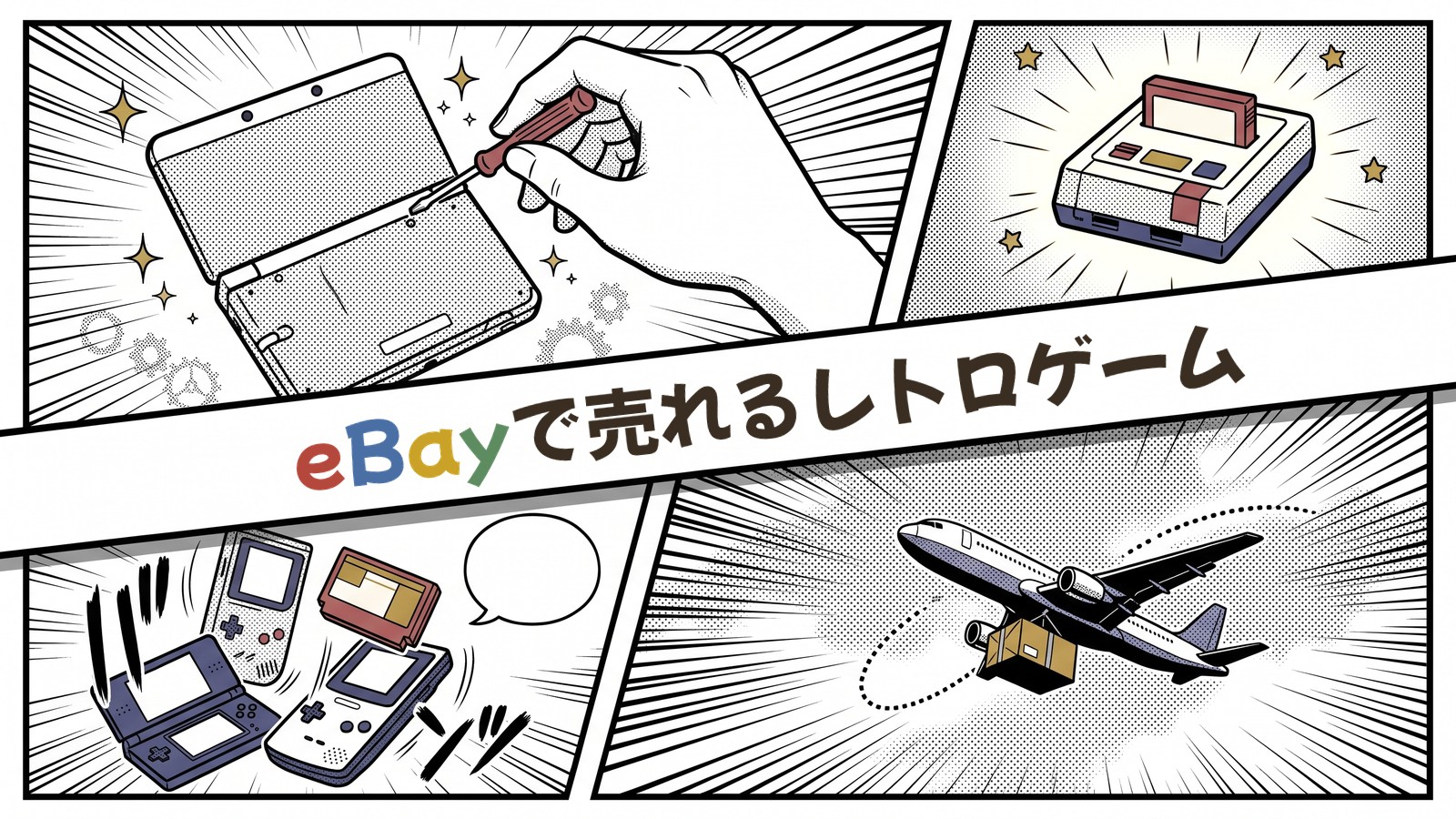 携帯ゲーム機を分解する手と光るファミコン風本体が描かれた漫画コマ割りと、eBayで売れるレトロゲームの題字入りアイキャッチ