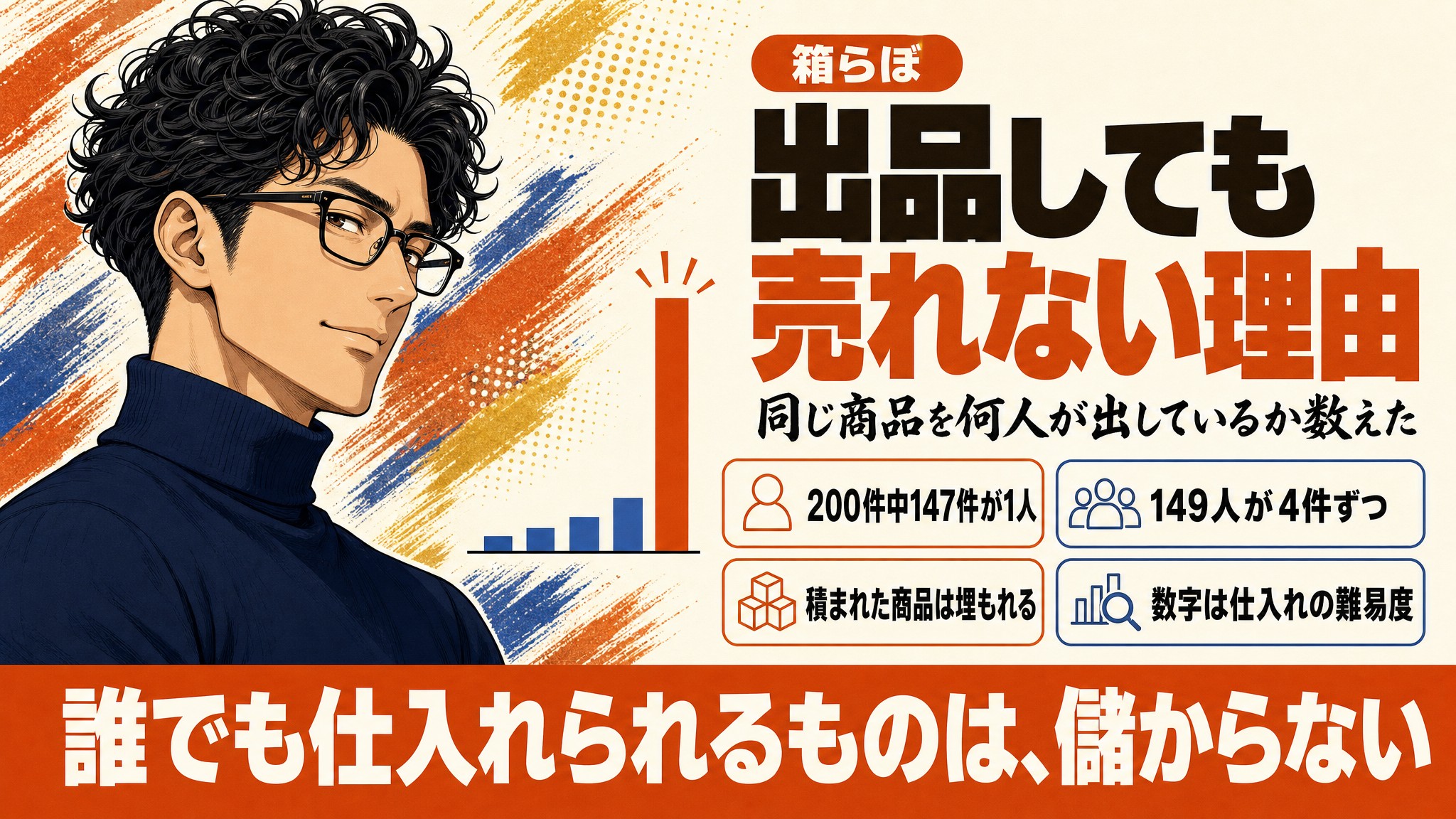 1本だけ突出した棒グラフを見るメガネの男性と、「出品しても売れない理由 同じ商品を何人が出しているか数えた」の題字入りアイキャッチ