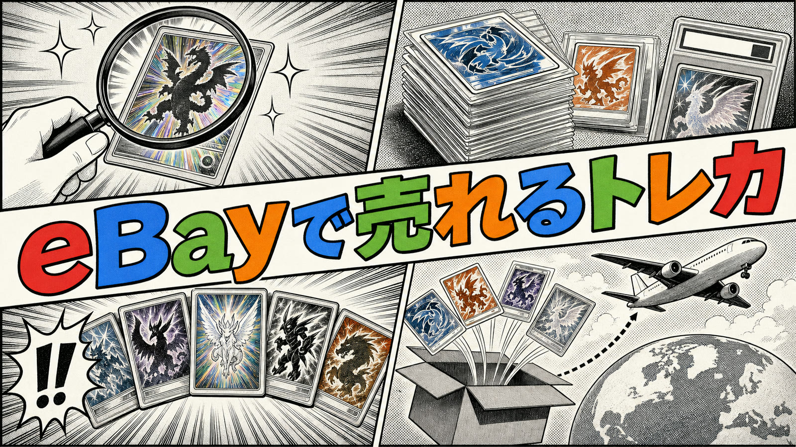 虫眼鏡で見られるトレーディングカードと飛行機が描かれた漫画コマ割りと、eBayで売れるトレカの題字入りアイキャッチ