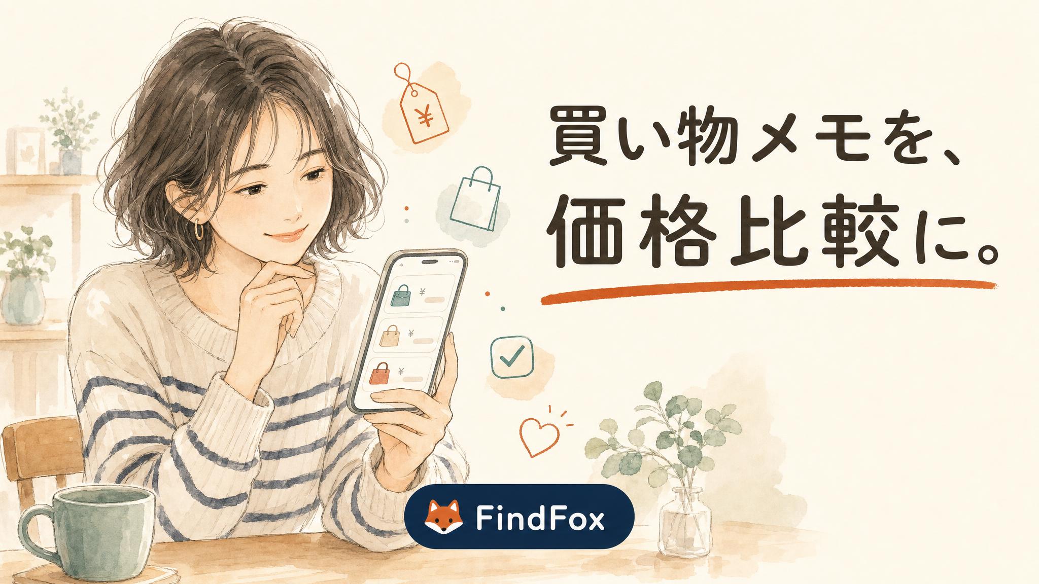 ニットを着た女性がスマートフォンの買い物メモ画面を見比べながら微笑む、買い物メモを価格比較にの題字入りFindFoxアイキャッチ